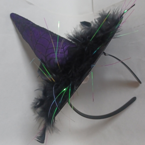 Witches Hat headband purple hat with glittery black spider web black feathers os